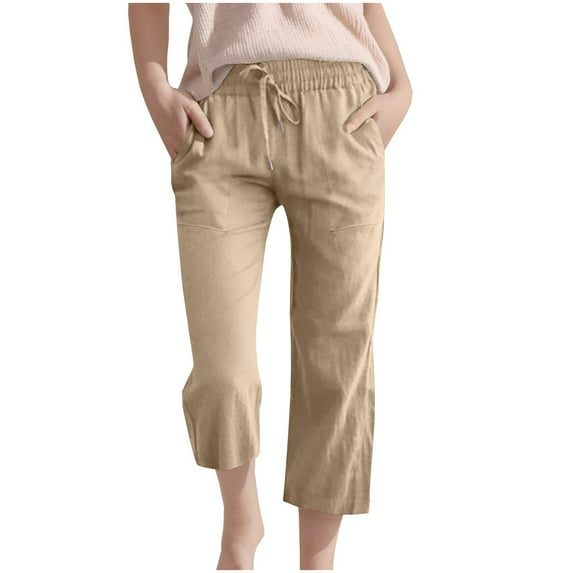 ZACPNCV Girls Capri Pants Elastic Waist Straight Leg Drawstring for Kids Summer Pants with Pockets Khaki 9-10 Years