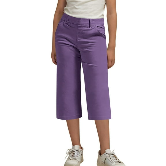 ZACPNCV Girls Capri Uniform Pants Kids Elastic Waist School Dress Cropped Pants High Stretchy Casual Pants with Pockets Purple 6-7 Years