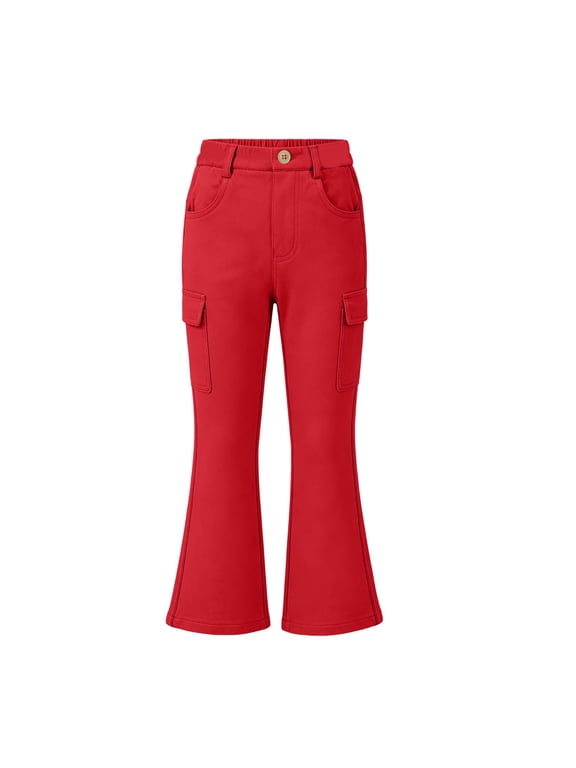 Girls Cargo Flare Pants High Waist Button Closure Bell Bottom Trousers Casual Multi-Pocket School Uniform Long Pants,Red