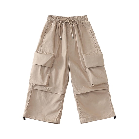 ZACPNCV Girls Cargo Pants with Elastic Waistband Drawstring Kids Casual Activewear with Pockets Khaki 6-7 Years