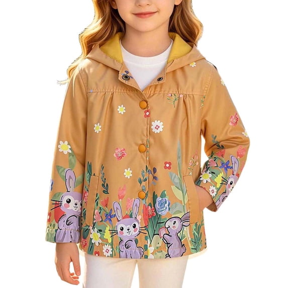 ZACPNCV Girls Cartoon Print Hooded Trench Coat Kids Single Breasted Front Windproof Coat with Pockets Lightweight Long Sleeve Fall Jacket 1-9 Years,E-Multicolor