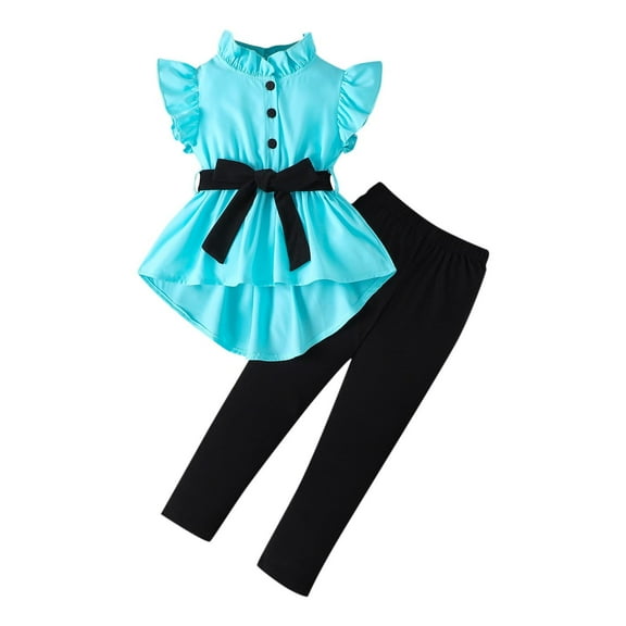 ZACPNCV Girls Clothes Ruffle Shoulder High Low Hem Short Sleeve Top and Pants 2 Piece Fall Outfits Clothing Set Blue 6-7 Years