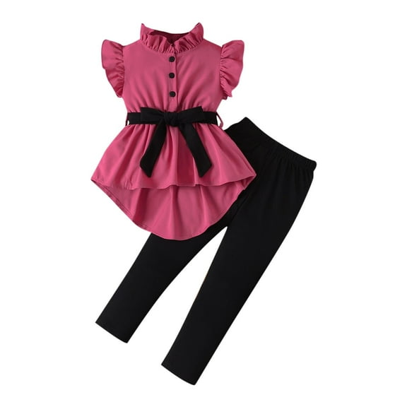 ZACPNCV Girls Clothes Ruffle Shoulder High Low Hem Short Sleeve Top and Pants 2 Piece Fall Outfits Clothing Set Hot Pink 6-7 Years