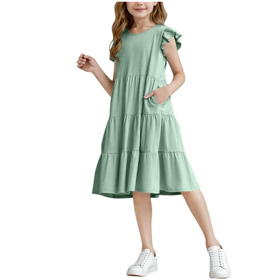 ZACPNCV Girls Clothes Summer Flutter Sleeves Casual Dress Kids Daily Casual Dresses Olive Green 13-14 Years