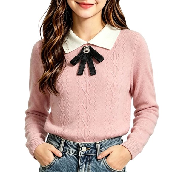 ZACPNCV Girls Collared Sweater Solid Color Fall Winter Bow Textured Long Sleeve Pullover Top, Soft Warm Versatile Knit Jumper A-Pink
