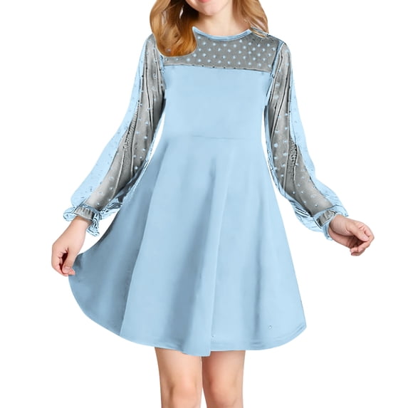 ZACPNCV Girls Contrast Mesh Long Sleeve High Waist A Line Short Dress with Pockets Light Blue 5-6 Years