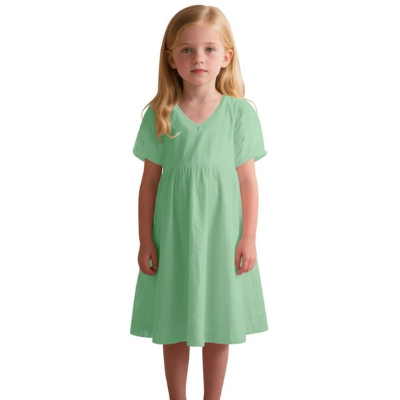 ZACPNCV Girls' Cotton Short Sleeve Dresses Casual Sundress Green 5-6 Years
