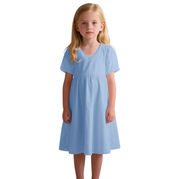 ZACPNCV Girls' Cotton Short Sleeve Dresses Casual Sundress Sky Blue 4-5 Years