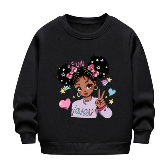 ZACPNCV Girls Cute Graphic Crewneck Sweatshirt Long Sleeve Drop Shoulder Pullover Tops Black 3-4 Years