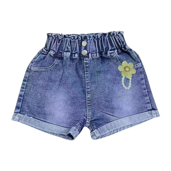 ZACPNCV Girls Denim Shorts Summer Cute Lace Ruffle Heart Embroidered Jean Shorts Elastic Waist Causal Denim Short Pants 5-6 Years