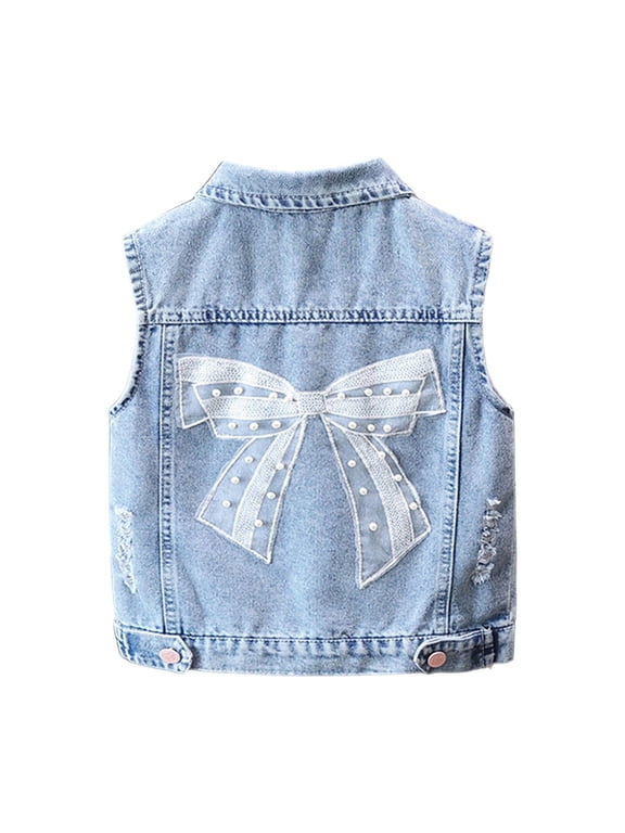 Girls Denim Vest Cute Bowknot Sleeveless Jean Jacket Casual Lapel Collar Open Front Rhinestone Jean Waistcoat for Kids Spring Fall B-Blue