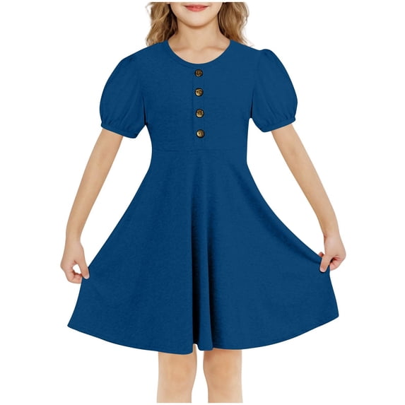 ZACPNCV Girls Dress Basic Short Sleeve A Line Swing Skater Twirl School Party Dress Blue 11-12 Years