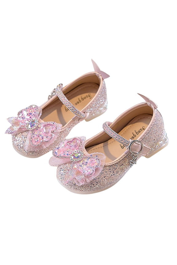 Girls Dress Shoes Low Heel Princess Flats Mary Jane Flower Wedding Party Glitter Shoes for Kids Toddler Pink 8-9 Years