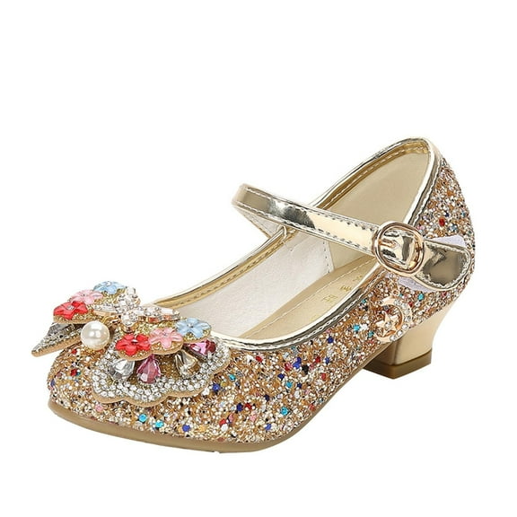 ZACPNCV Girls Dress Shoes Mary Jane Flower Girls Shoes Cute Princess Low Heels for School Wedding Party Gold 6-6.5 Years