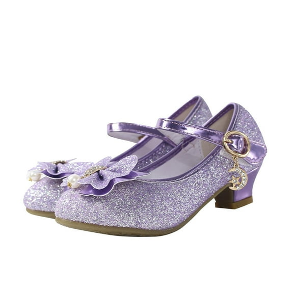 ZACPNCV Girls Dress Shoes Mary Jane Flower Girls Shoes Cute Princess Low Heels for School Wedding Party Purple 13-14 Years