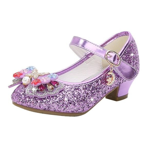 ZACPNCV Girls Dress Shoes Mary Jane Flower Girls Shoes Cute Princess Low Heels for School Wedding Party Purple 8-9 Years