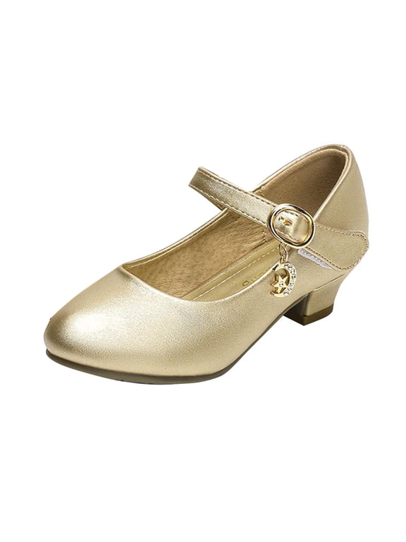 Girls Dress Shoes Mary Jane Low Heel Party Flower Wedding Princess Pumps for Little Girls Gold 5.5-6 Years