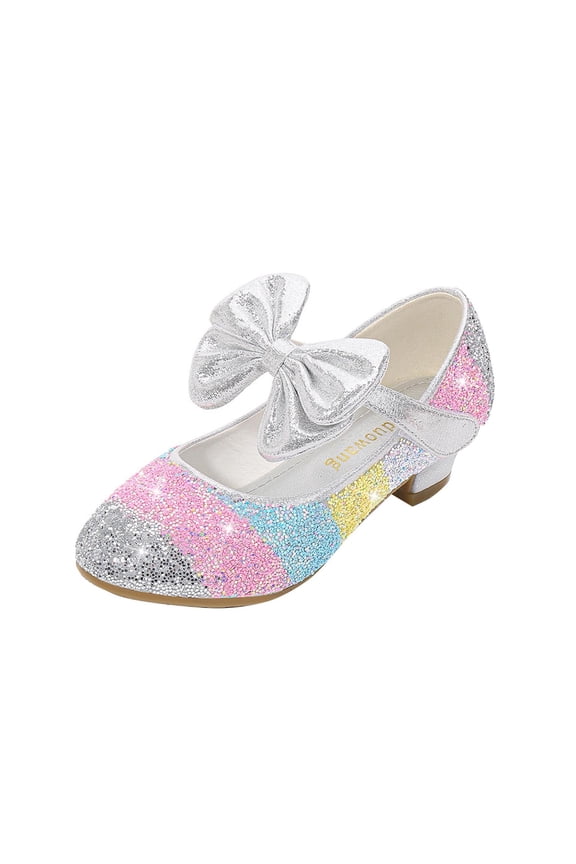 Girls Dress Shoes Mary Jane Low Heel Party Flower Wedding Princess Pumps for Little Girls Silver 11-12 Years