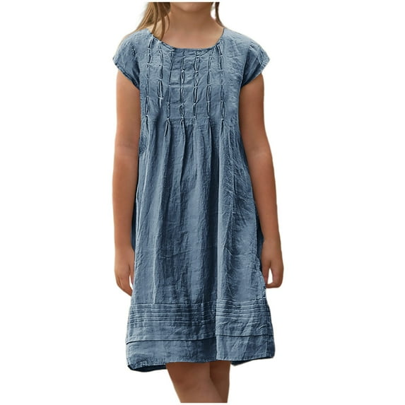 ZACPNCV Girls Dress Short Sleeve Solid Color Tunic A-Line Tiered Swing Dress Pleated Summer Dresses Vacation Blue 6-7 Years