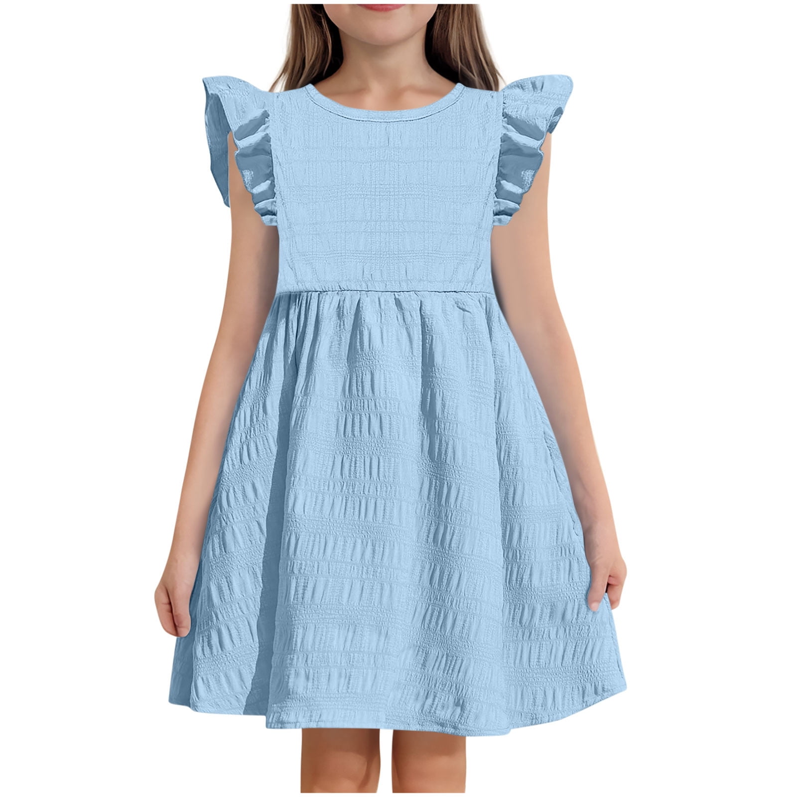 ZACPNCV Girls Dresses Kids Summer Double Layer Ruffle Sleeve