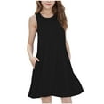 thumbnail image 1 of ZACPNCV Girls Dresses Kids Summer Short Sleeve Square Neck Dress with Side Pockets Black 14-15 Years, 1 of 9