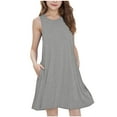 thumbnail image 1 of ZACPNCV Girls Dresses Kids Summer Short Sleeve Square Neck Dress with Side Pockets Gray 12-13 Years, 1 of 9