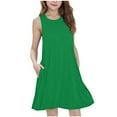 thumbnail image 1 of ZACPNCV Girls Dresses Kids Summer Short Sleeve Square Neck Dress with Side Pockets Green 5-6 Years, 1 of 9