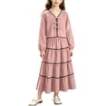thumbnail image 1 of ZACPNCV Girls Elegant 2 Piece Skirt Set Long Sleeve V Neck Bow Front Top and Tiered Long Skirt Set Casual Spring Girls Suit 14-15Years Pink, 1 of 9
