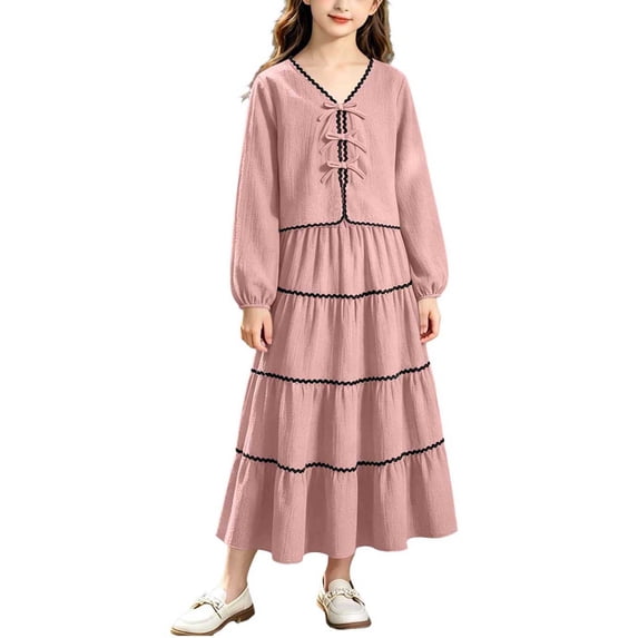 ZACPNCV Girls Elegant 2 Piece Skirt Set Long Sleeve V Neck Bow Front Top and Tiered Long Skirt Set Casual Spring Girls Suit 14-15Years Pink