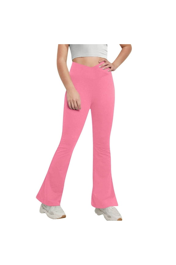 Girls Flare Yoga Leggings High Waisted Dance Activewear Kids Bell Bottoms Pants with Pockets Pink 14-15 Years