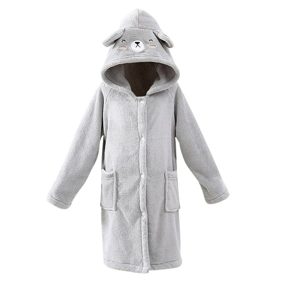 ZACPNCV Girls Fleece Hooded Robes Warm Printed Bath Robe for Kids Soft Fuzzy Bathrobe for Gifts Gray 3-8 Years