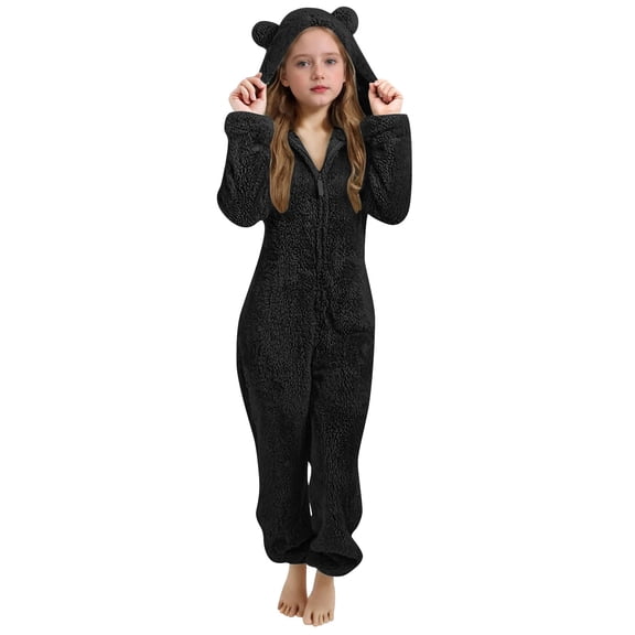 ZACPNCV Girls Fleece Onesie Pajamas Full Body Zipper Flannel Hooded Bear Ears Jumpsuit Kids Warm Winter Sleepwear Loungewear 5-6Years A-Black