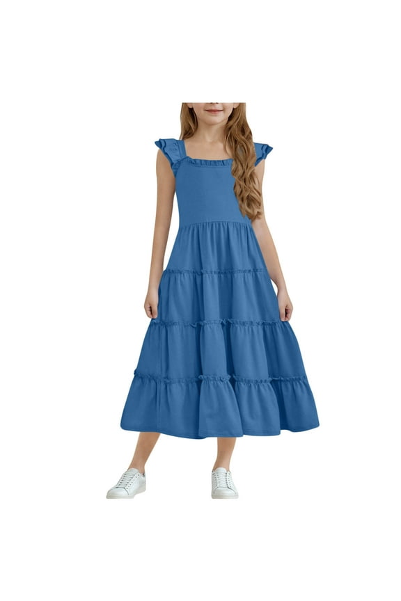 Girls Flutter Sleeve Dresses Kids Summer Double Layer Ruffle Sleeve Dress Blue 11-12 Years