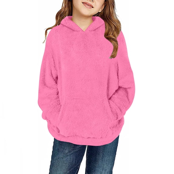 ZACPNCV Girls Fuzzy Fleece Pullover Hoodies Kids Winter Warm Fluffy Hooded Sweatshirt Casual Sherpa Loose Outwear Coat with Pockets 4-14 Years Hot Pink