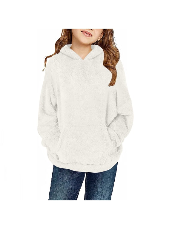 Girls Fuzzy Fleece Pullover Hoodies Kids Winter Warm Fluffy Hooded Sweatshirt Casual Sherpa Loose Outwear Coat with Pockets 4-14 Years Beige