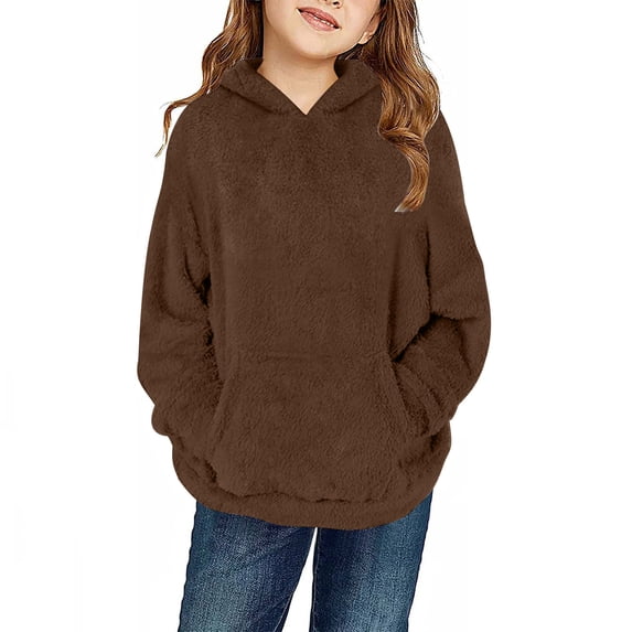 ZACPNCV Girls Fuzzy Fleece Pullover Hoodies Kids Winter Warm Fluffy Hooded Sweatshirt Casual Sherpa Loose Outwear Coat with Pockets 4-14 Years Brown