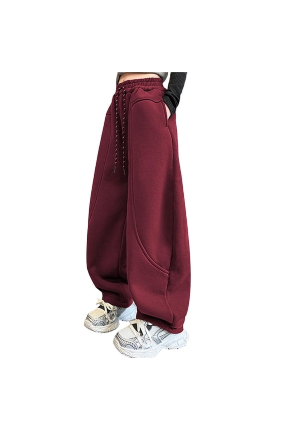 Girls High Waisted Pants Girls Casual Pants Kids Wide Led Long Trousers with Pockets Red 8-9 Years