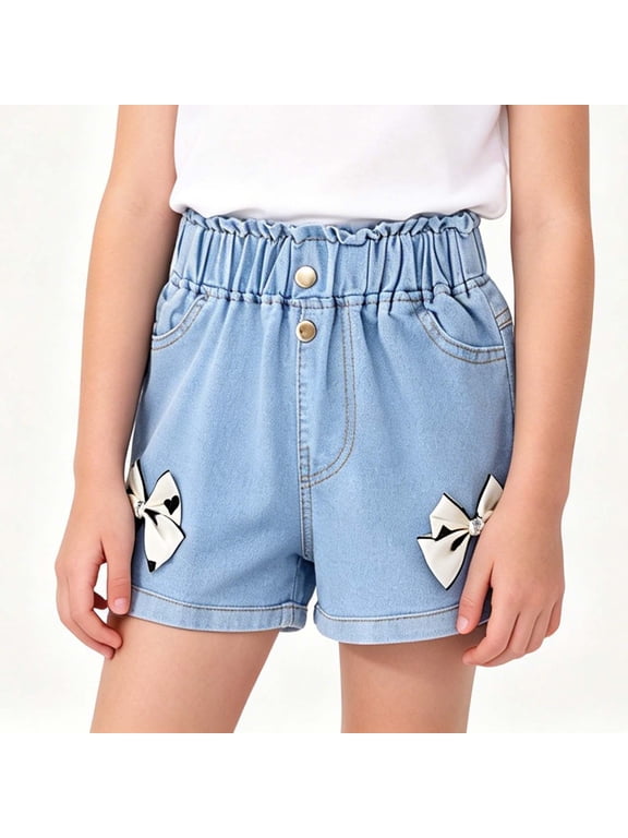Girls Jean Shorts with Bow Embroidery High Elastic Waisted Denim Shorts Cute Summer Jorts for Tweens