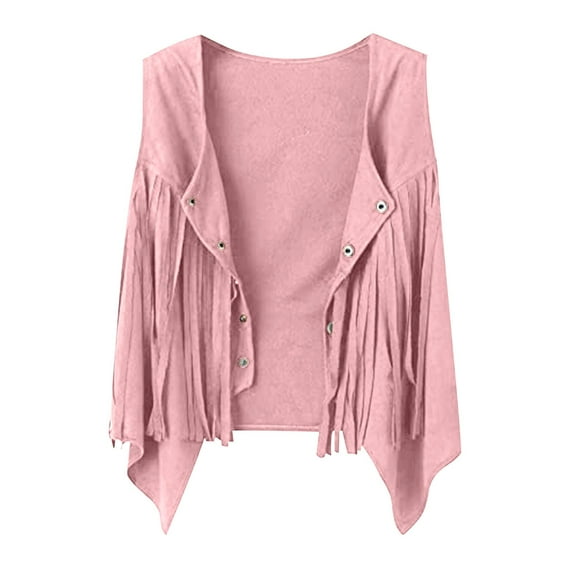 ZACPNCV Girls Kids Fringe Vest 60s 70s Hippie Vest Sleeveless Western Tassel Leather Jacket Pink 13-14 Years