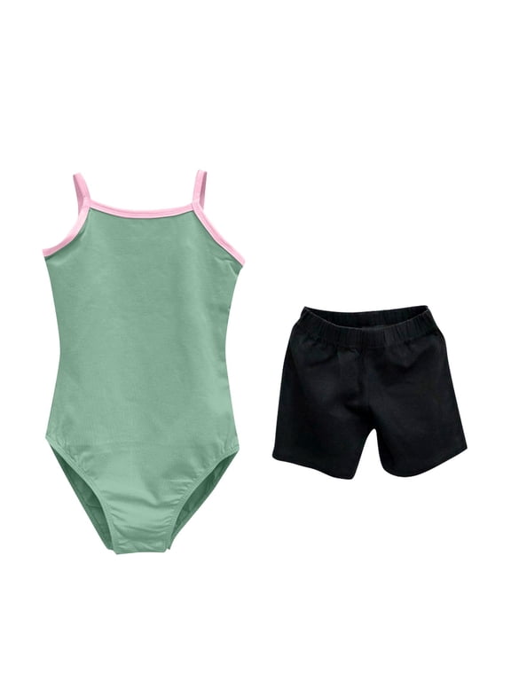 3-16Y Girls 2 Piece Dance Outfit Camisole Leotard with Dance Shorts Set Kids Ballet Gymnastics Leotards Green