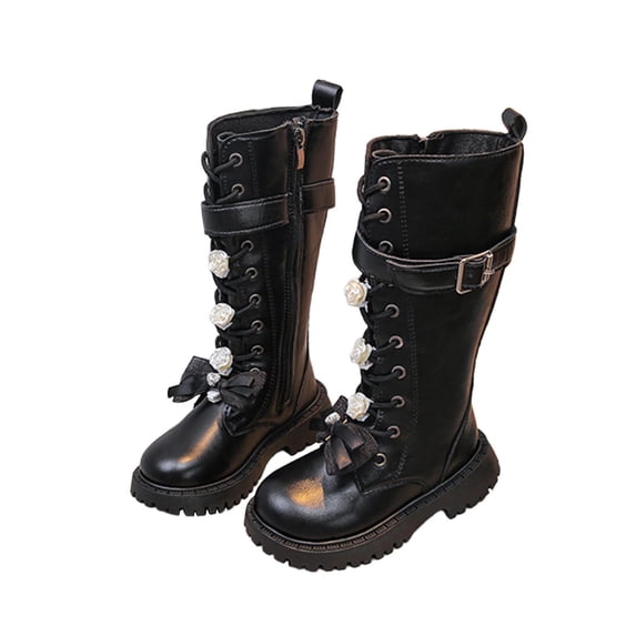 ZACPNCV Girls Knee High Boots Bowknot Ruffle Trim Side Zipper Riding Boots Fall Winter High Top Shoes Black