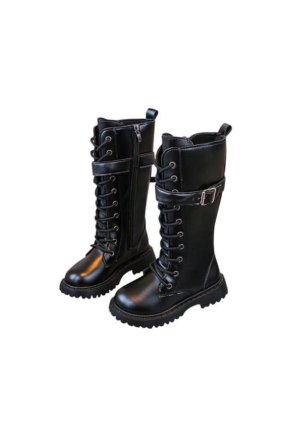 Girls Knee High Boots Bowknot Ruffle Trim Side Zipper Riding Boots Fall Winter High Top Shoes Black