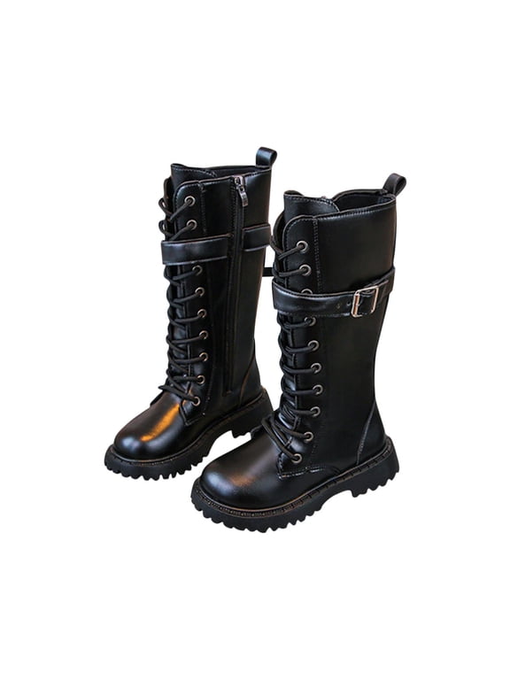 Girls Knee High Boots Bowknot Ruffle Trim Side Zipper Riding Boots Fall Winter High Top Shoes Black