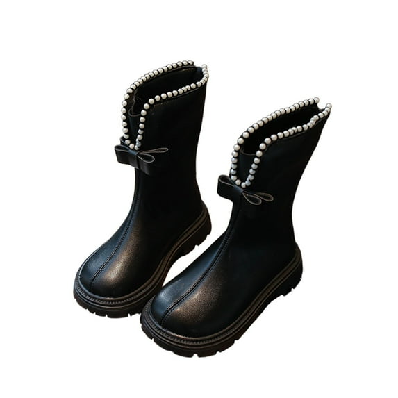 ZACPNCV Girls' Knee High Riding Boots Cute Bow Riding Boots Non Slip Side Zipper Boots Fur Lined Tall Waterproof Winter Boots Black