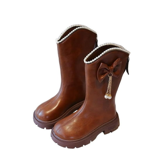 ZACPNCV Girls' Knee High Riding Boots Cute Bow Riding Boots Non Slip Side Zipper Boots Fur Lined Tall Waterproof Winter Boots Brown