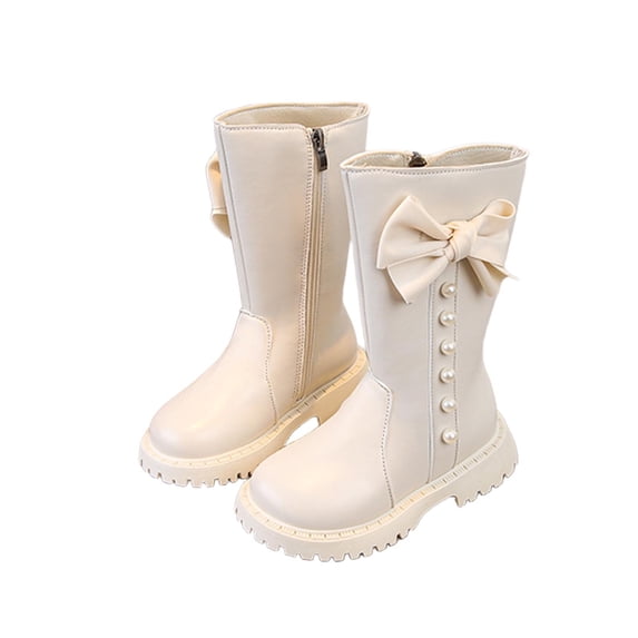 ZACPNCV Girls' Knee High Riding Boots Cute Bow Riding Boots Non Slip Side Zipper Boots Fur Lined Tall Waterproof Winter Boots White