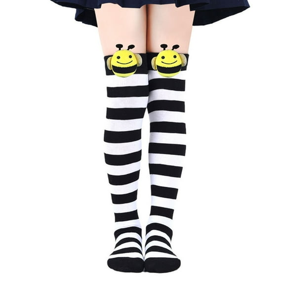ZACPNCV Girls Knee High Sock Striped Over Knee Thigh High Socks Kids Bee Halloween Party Striped Tights Stockings Black 7-12 Years