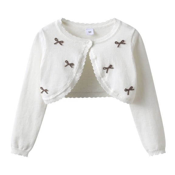 ZACPNCV Girls Knit Cardigan Long Sleeve Scalloped Trim Short Open Front Sweater Shrug Bow Embroidery Lightweight Knitwear A-White