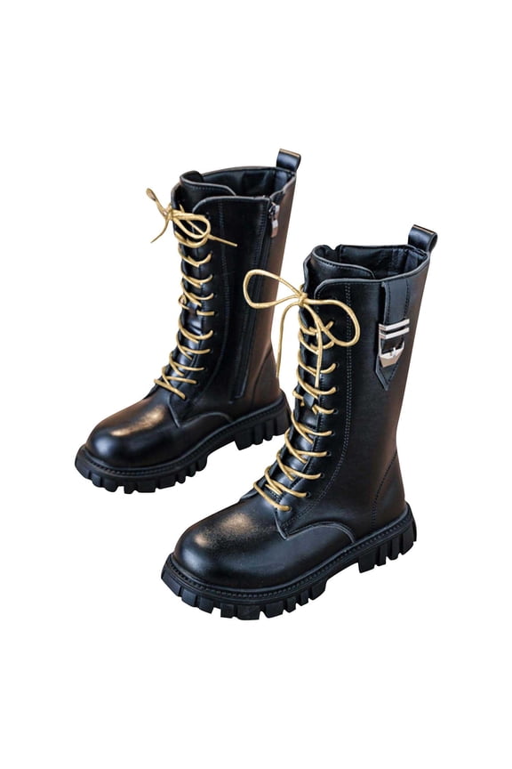 Girls Lace Up Mid Calf Boots Fashion Round Toe Side Zipper Sole Punk Goth Boot for Toddler Black
