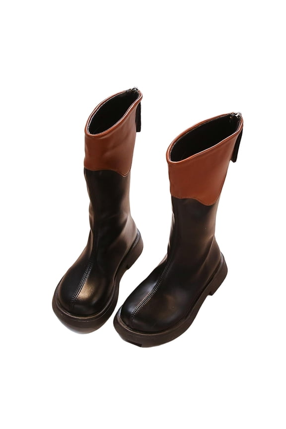 Girls Lace Up Mid Calf Boots Fashion Round Toe Side Zipper Sole Punk Goth Boot for Toddler Black